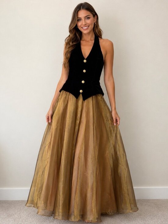 Dave & Johnny Dresses & Skirts - Vtg Gown Sz 6 Velvet Halter Formal Party Cocktail Prom Gold/Black Dave & Johnny